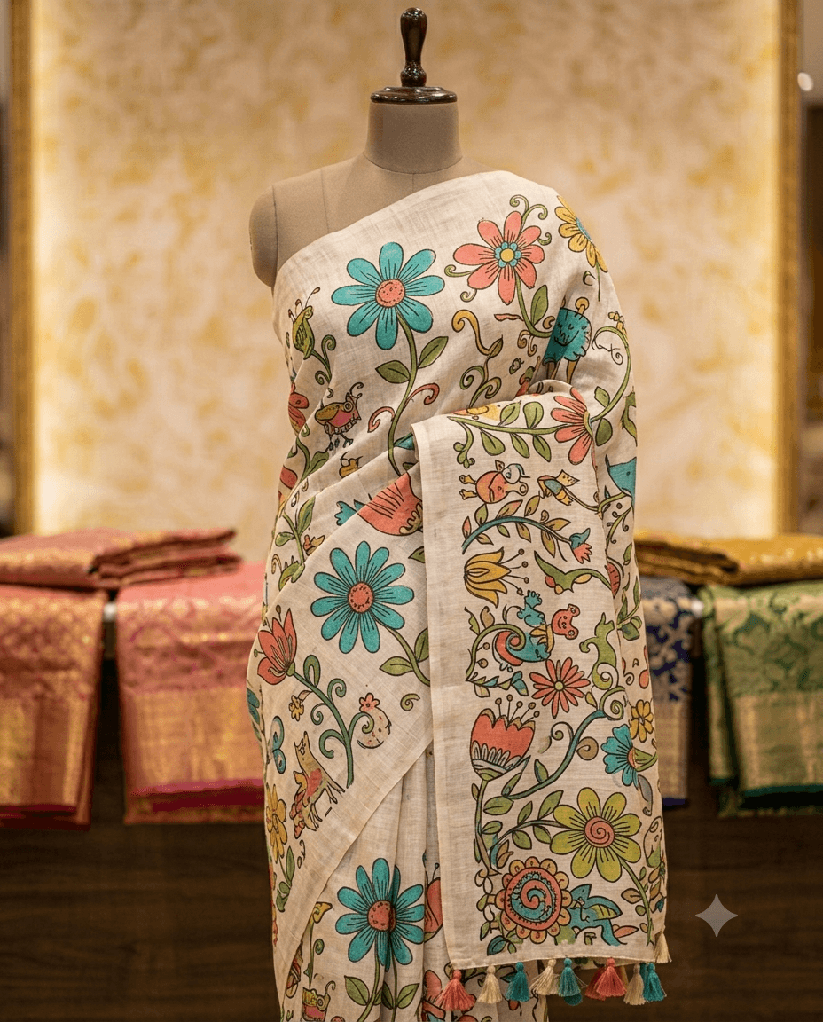 Linen whimsical floral design sarees