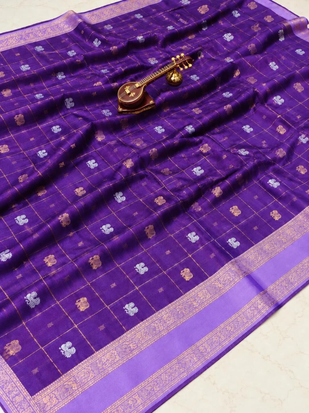 Banarasi Soft Silk Checks Peacock & Elephant Butta Saree