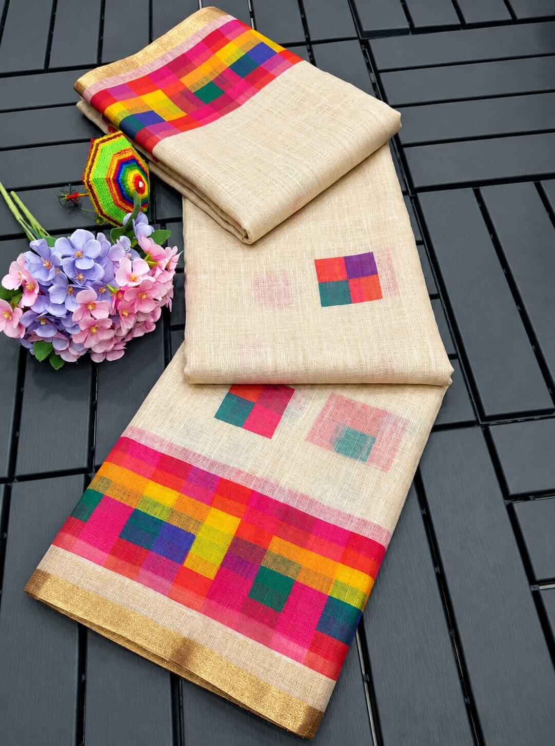 Premium Linen Cotton Saree with Art Print