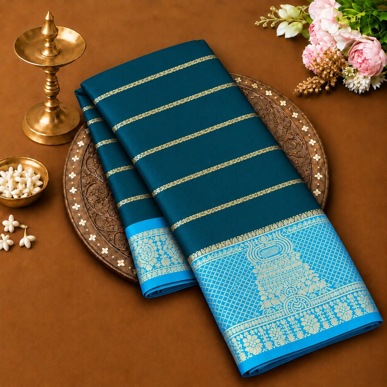 Sungudi Cotton Velthari Stripes Saree with Temple Border